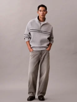 Calvin Klein Jeans miesten collegepaita LS Cotton Spacer Stripe Rib QTR, vaaleanharmaa