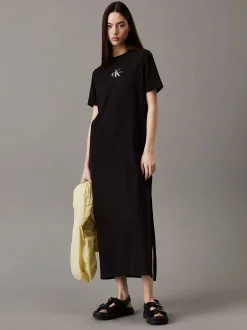 Calvin Klein Jeans naisten mekko, K-MONOLOGO LONG RIB TEE DRESS Musta