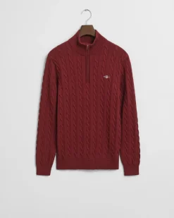 Gant miesten neule, COTTON CABLE HALF ZIP Tumma Luumunpunainen