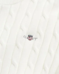 Gant naisten lyhythihainen neulepusero, STRETCH COTTON CABLE SS C-NECK Luonnonvalkoinen