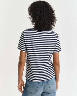 Gant naisten t-paita, REG STRIPED SHIELD V-NECK T-SHIRT Raidallinen Sininen