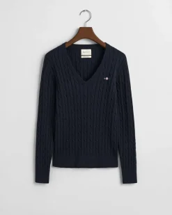 Gant neule, STRETCH COTTON CABLE V-NECK Tummansininen