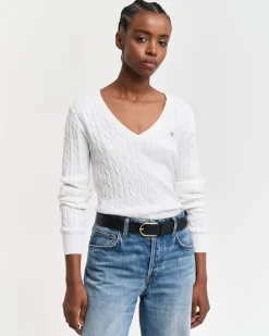 Gant neule, STRETCH COTTON CABLE V-NECK Valkoinen