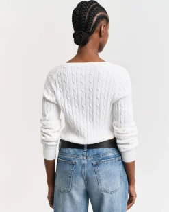 Gant neule, STRETCH COTTON CABLE V-NECK Valkoinen