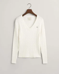 Gant neule, STRETCH COTTON CABLE V-NECK Valkoinen