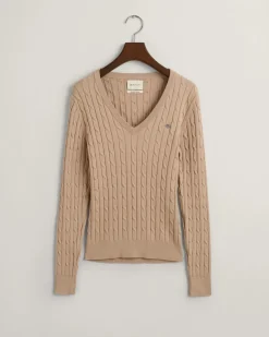Gant neule, STRETCH COTTON CABLE V-NECK Vaalea Beige