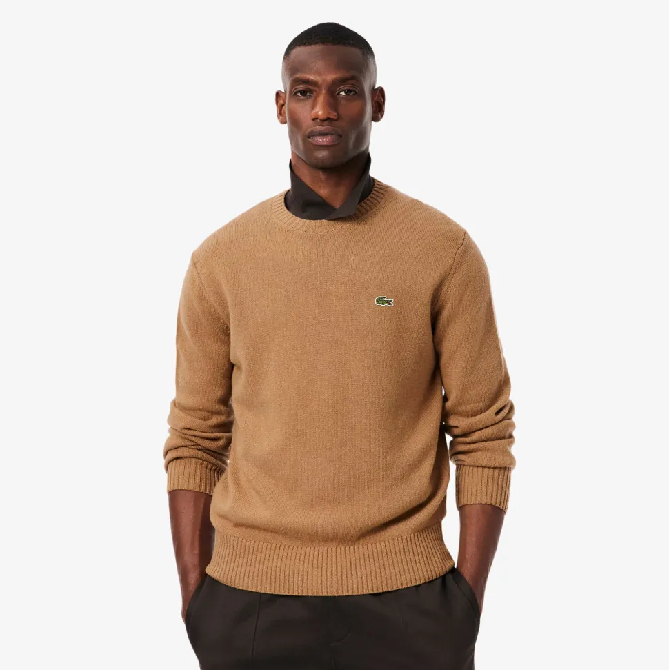 Lacoste miesten neulepusero K MONOCHROME CARDED WOOL NECK SWEATER, kameli