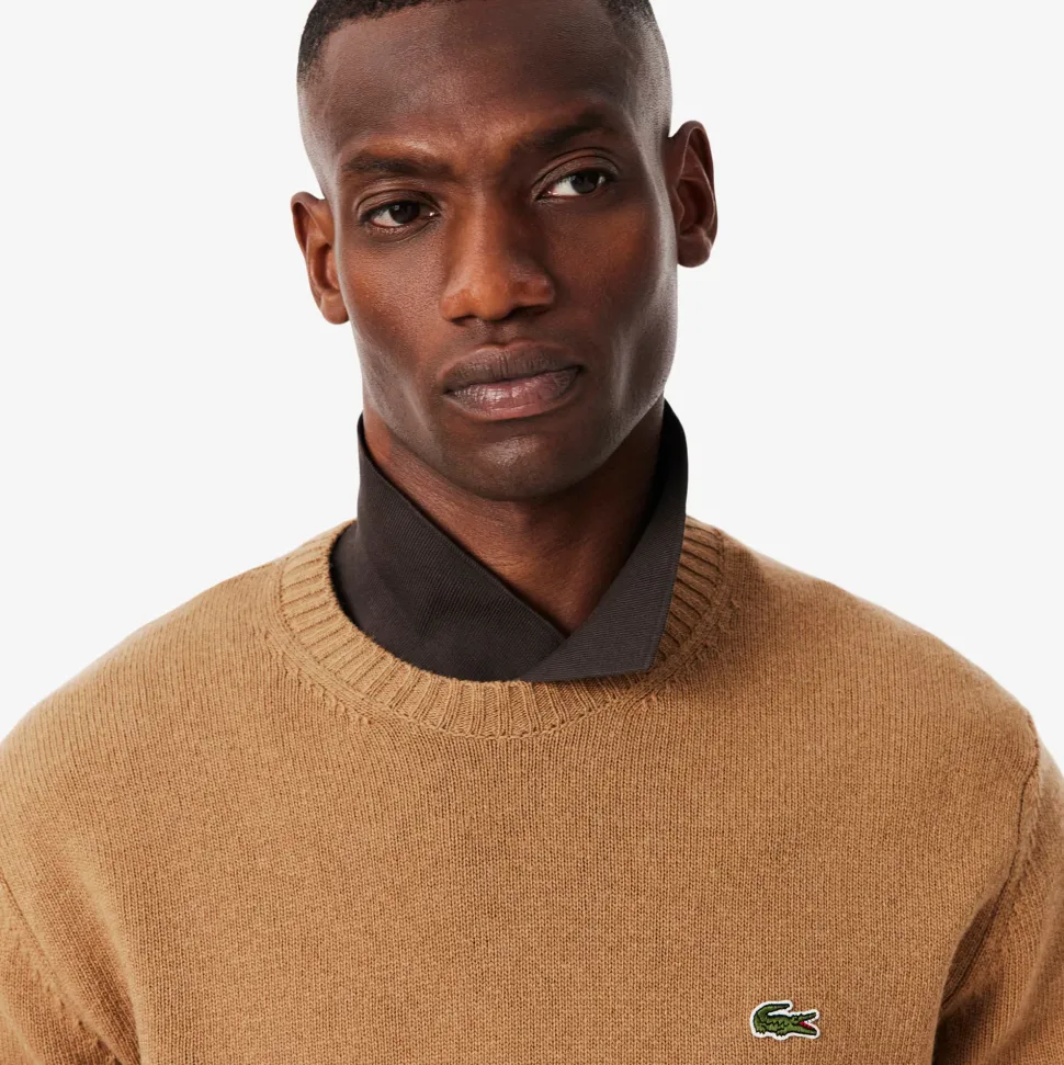 Lacoste miesten neulepusero K MONOCHROME CARDED WOOL NECK SWEATER, kameli