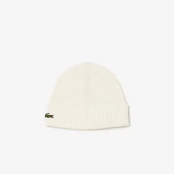 Lacoste miesten pipo, LACOSTE SOFT WOOL RIBBED BEANIE Luonnonvalkoinen