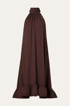 Malina naisten mekko, SABRINA HALTERNECK RUFFLED MAXI DRESS Tummanruskea