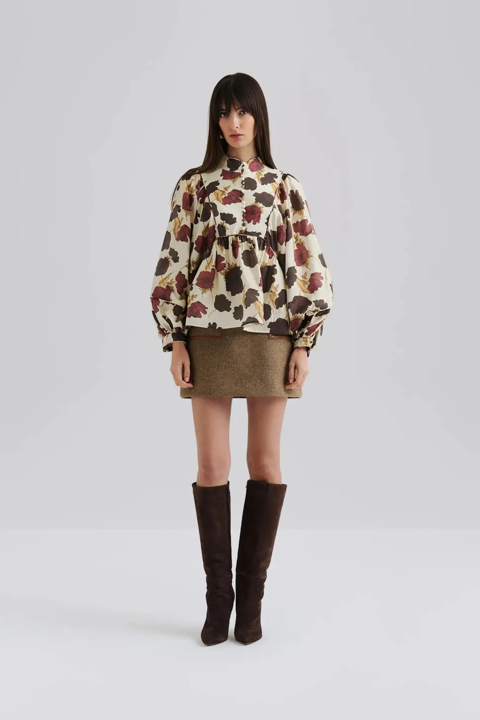Malina naisten pusero, PERNILLA HOGH NECK BALLOON SLEEVE BLOUSE Viininpunainen Kuosi