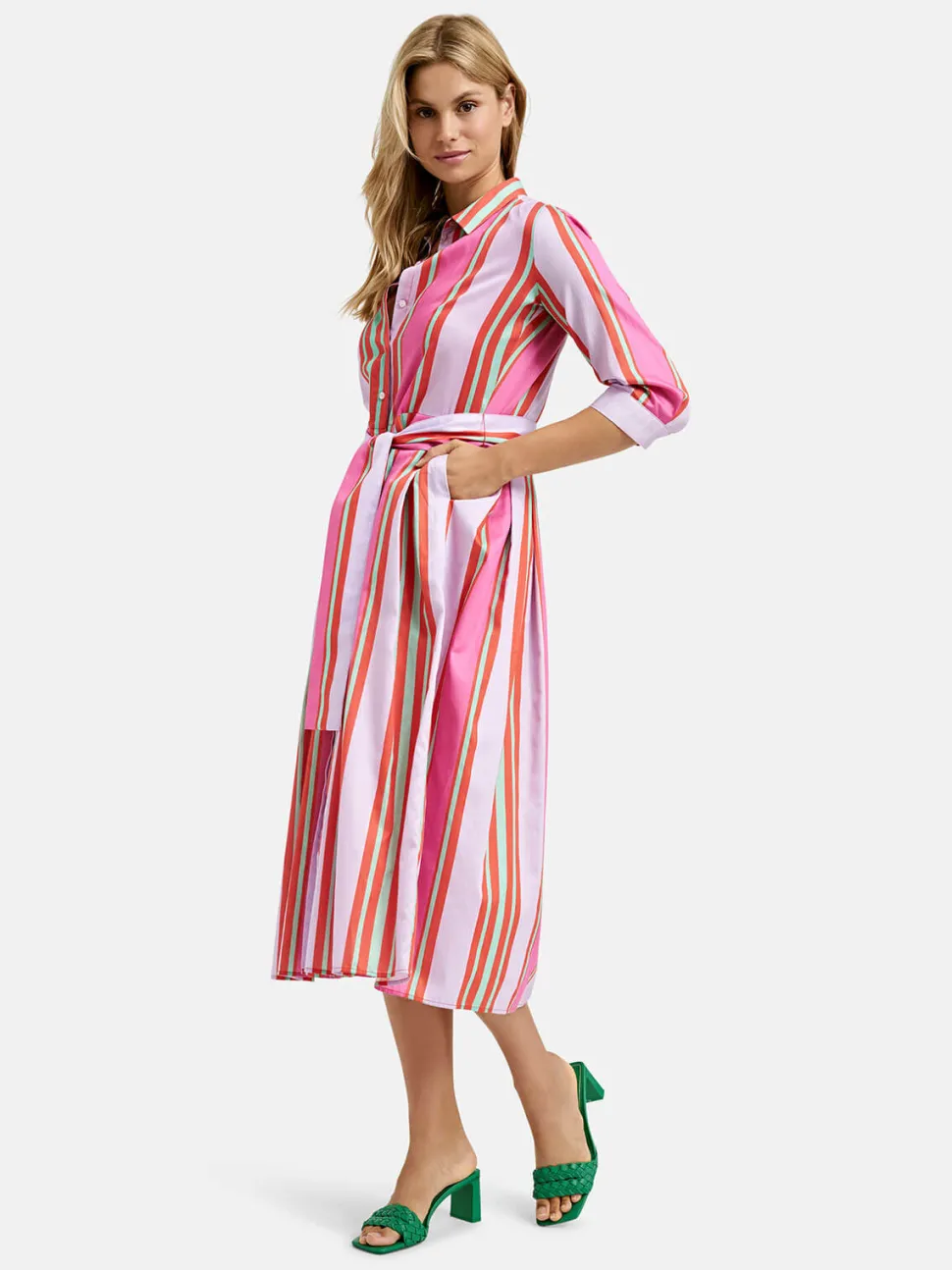 Milano Italy naisten mekko, DRESS 3/4 W BELT Moniväriraita