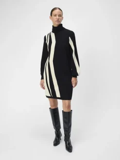 Object Naisten Neulemekko, OBJRAY L/S KNIT ROLLNECK DRESS AOP NOOS Black Sandshell Vert