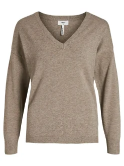 Object Naisten Neule, OBJTHESS L/S V-NECK KNIT PULLOVER NOOS Vaalea Beige