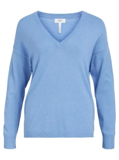 Object Naisten Neule, OBJTHESS L/S V-NECK KNIT PULLOVER NOOS Vaaleansininen