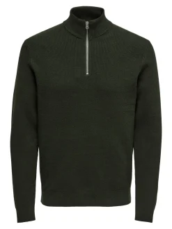Only and Sons neule, PHIL COTTON HALF ZIP Armeijanvihreä
