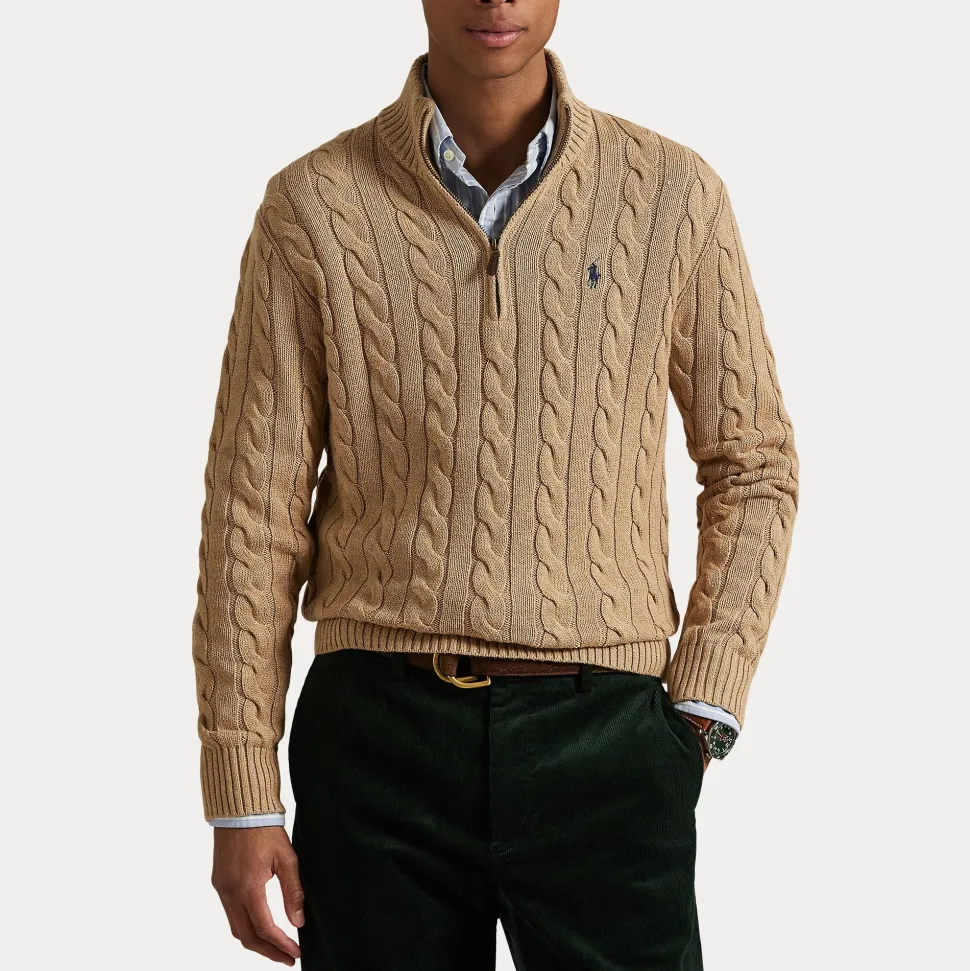 Polo Ralph Lauren Miehet Neulepusero Cotton Cable LS Half Zip Beige