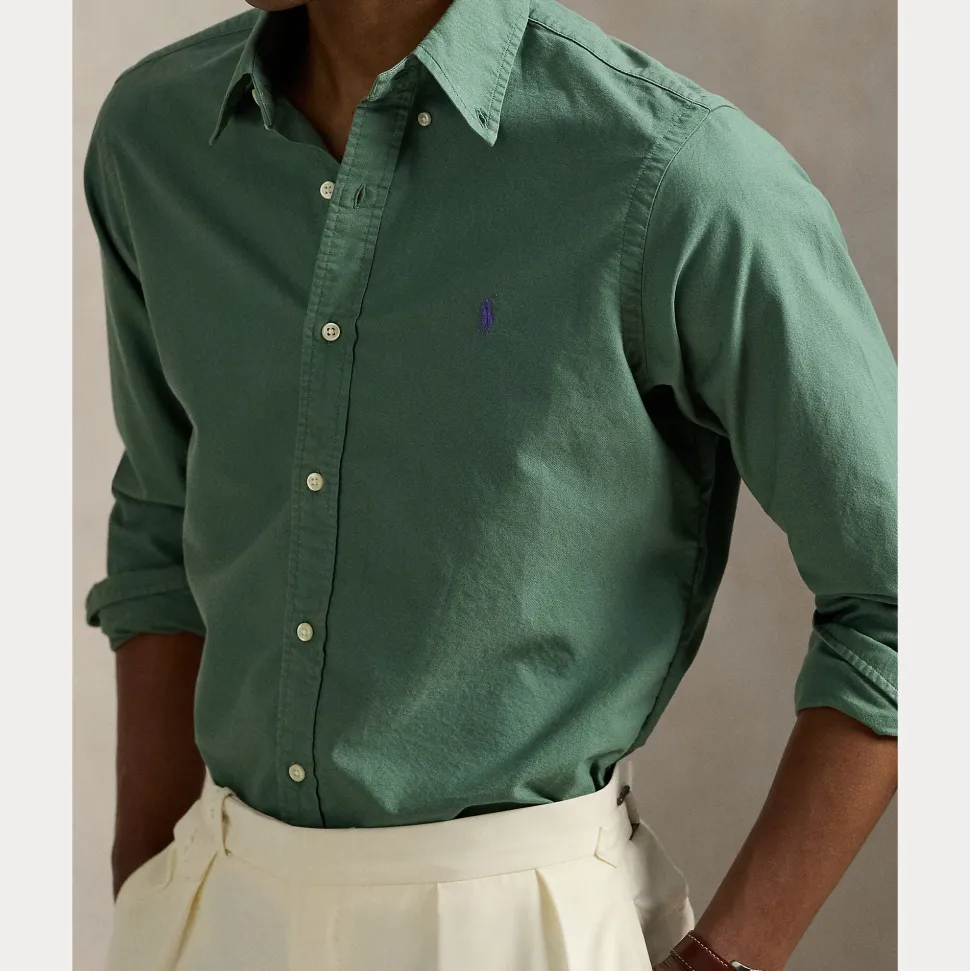 Polo Ralph Lauren miesten kauluspaita, SLIM FIT GARMEND WASHED OXFORD SHIRT Vihreä
