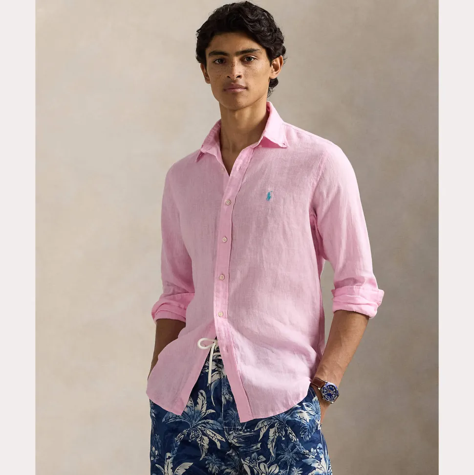 Polo Ralph Lauren miesten kauluspaita, POLO LINEN SHIRT LS CUSTOM FIT Pinkki
