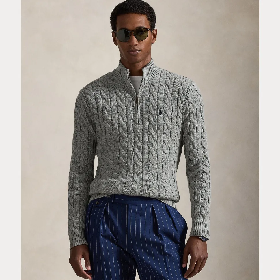 Polo Ralph Lauren miesten neulepusero Cotton Cable LS Driver Half Zip Pullover, harmaa