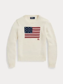 Polo Ralph Lauren naisten neulepusero, FLAG CN-LONG SLEEVE-PULLOVER Luonnonvalkoinen