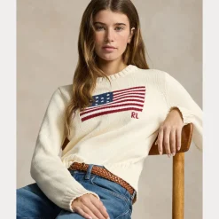 Polo Ralph Lauren naisten neulepusero, FLAG CN-LONG SLEEVE-PULLOVER Luonnonvalkoinen