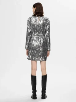 Selected Femme naisten mekko, SLFARI-COLYN LS SHORT SEQUINS DRESS B Hopeanharmaa