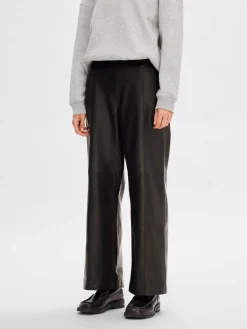 Selected Femme naisten nahkahousut, SLFFIANNA HW WIDE LEATHER PANT Musta