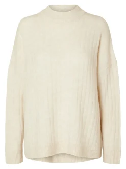 Selected Femme naisten neule, SLFMALINE LS KNIT HIGH NECK Luonnonvalkoinen
