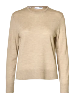Selected Femme Naisten Neulepaita, Slfthea LS Knit Merino O-Neck Noos Oatmeal