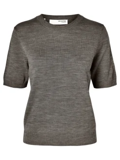 Selected Femme naisten neule, SLFHELLA SS KNIT O-NECK Grafiitti