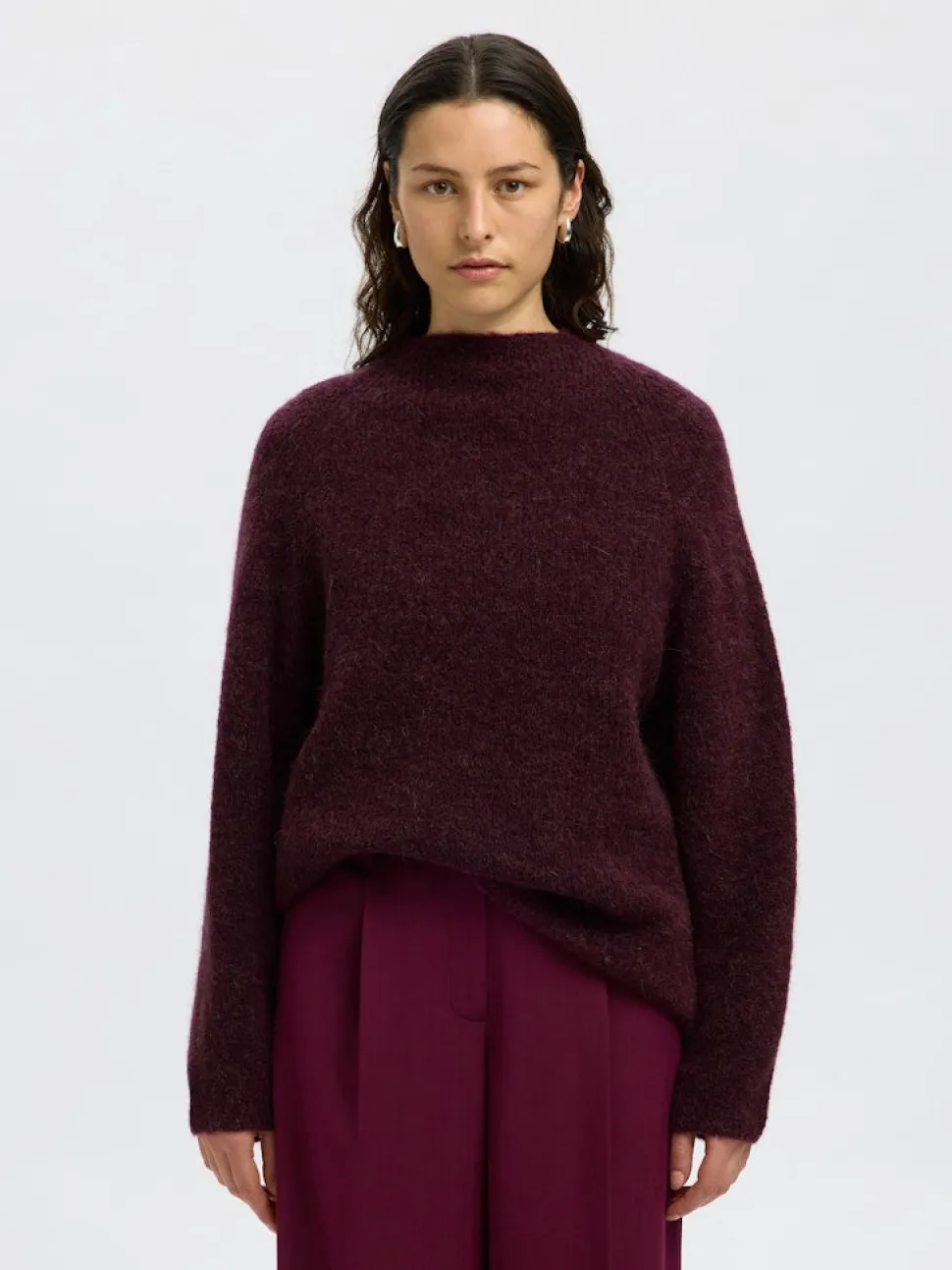 Selected Femme naisten neulepusero, SLFSIA RAS LS KNIT T-NECK Viininpunainen