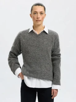 Selected Femme naisten neulepusero, SLFSIA RAS LS KNIT LONG V-NECK Medium Grey Melange