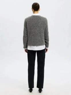Selected Femme naisten neulepusero, SLFSIA RAS LS KNIT LONG V-NECK Medium Grey Melange