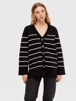 Selected Femme Naisten Neuletakki, K-SLFLIVA LS LONG KNIT CARDIGAN NOOS Raidallinen Musta