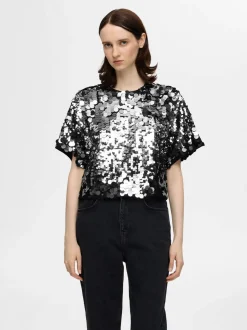 Selected Femme Naisten Pusero, SLFTANA 3/4 SEQUINS TOP Hopeanharmaa