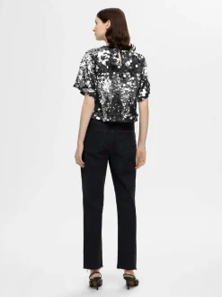 Selected Femme Naisten Pusero, SLFTANA 3/4 SEQUINS TOP Hopeanharmaa