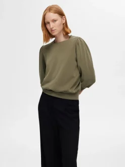 Selected Femme Naisten Pusero, SLFTENNY 3/4 SWEAT TOP NOOS Armeijanvihreä