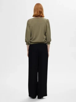 Selected Femme Naisten Pusero, SLFTENNY 3/4 SWEAT TOP NOOS Armeijanvihreä