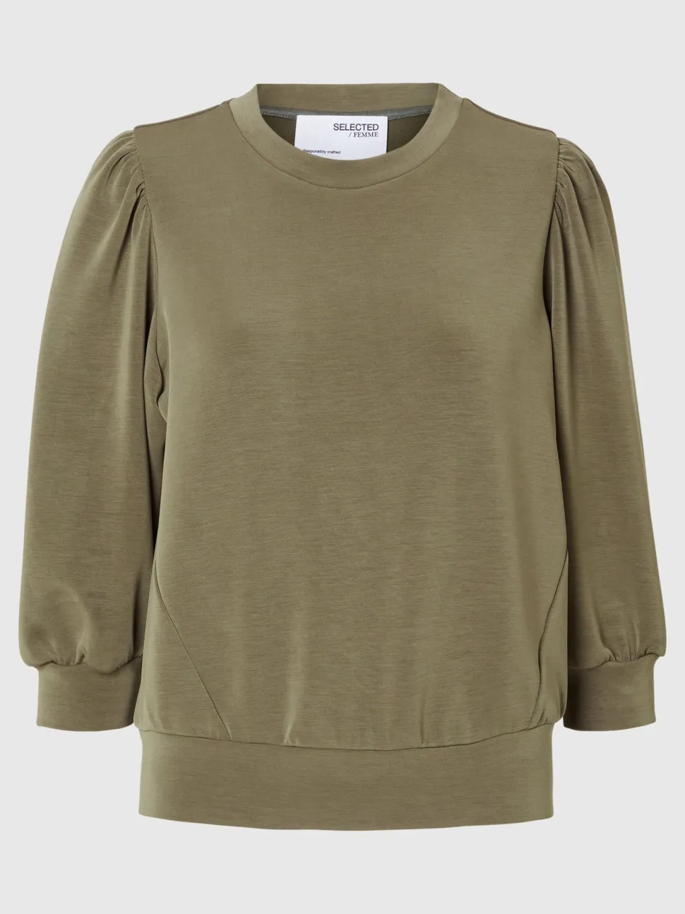 Selected Femme Naisten Pusero, SLFTENNY 3/4 SWEAT TOP NOOS Armeijanvihreä