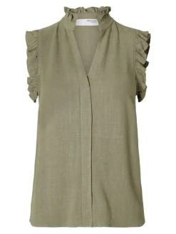 Selected Femme naisten toppi, SLFVIVA SL RUFFLE TOP Khaki