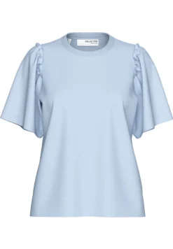 Selected Femme Naisten T-Paita, SLFPENELOPE 2/4 RUFFLE TEE Vaaleansininen
