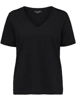 Selected Femme Naisten T-paita, SLFSTANDARD SS V-NECK TEE Musta