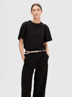 Selected Femme Naisten T-Paita, SLFPENELOPE 2/4 RUFFLE TEE Musta