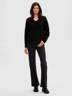 Selected Femme neule, SLFMALINE LS KNIT V-NECK Musta