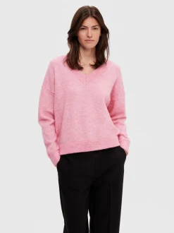 Selected Femme neule, SLFMALINE LS KNIT V-NECK Vaaleanpunainen