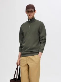 Selected miesten collegepusero, MANUEL SOFT ZIP HIGH NEW SWEAT Armeijanvihreä