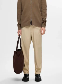 Selected miesten housut, REG TAPRED LEROY PLEAT Beige