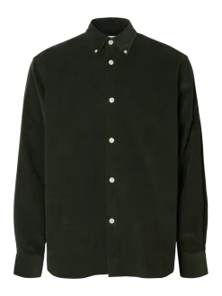 Selected Miesten Kauluspaita K REG DANNI CORD BD LS SHIRT Deep Forest