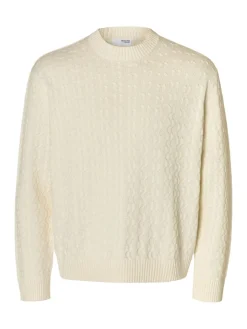 Selected miesten neulepusero, K PHILIP LS KNIT RELAXED CREW NECK Egret